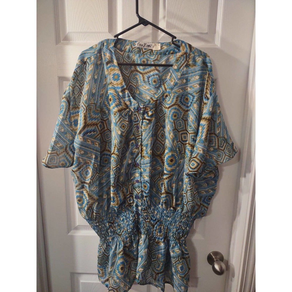 Erica Brooke Collection Top Super Plus Size 36 Blue And Gold Elastic Waist Size